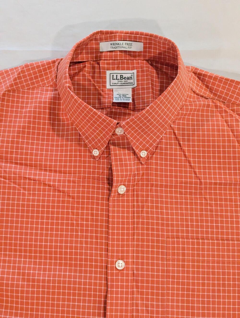 L.L. Bean Shirt Mens XL Orange Check Long Sleeve Button Up Wrinkle Free Non Iron